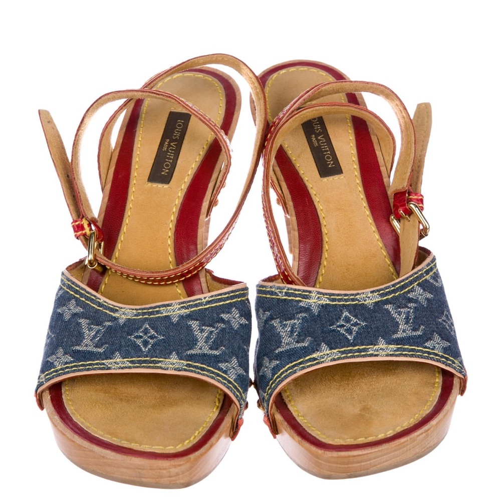 Louis Vuitton Denim Monogram Blue and Tan Platform Sandals